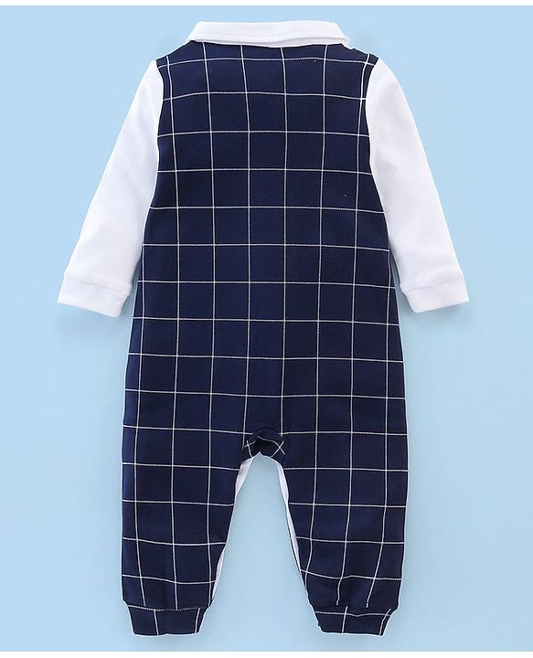 Babyhug Cotton Knit Full Sleeves Party Wear Romper Checkered with Bow Applique - Navy Blue