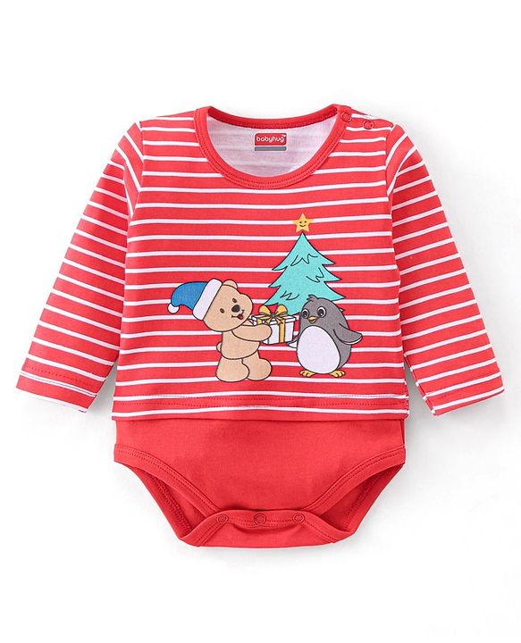 Babyhug 100% Cotton Knit Full Sleeves Onesies Stripes & Teddy Print - Red