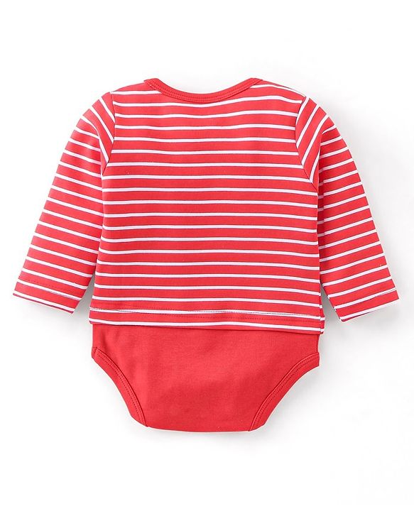 Babyhug 100% Cotton Knit Full Sleeves Onesies Stripes & Teddy Print - Red