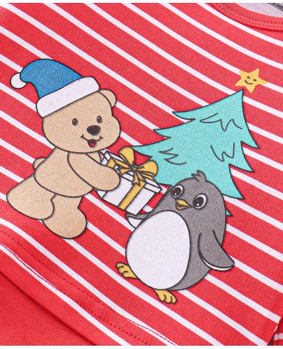 Babyhug 100% Cotton Knit Full Sleeves Onesies Stripes & Teddy Print - Red