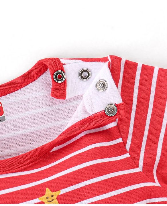Babyhug 100% Cotton Knit Full Sleeves Onesies Stripes & Teddy Print - Red