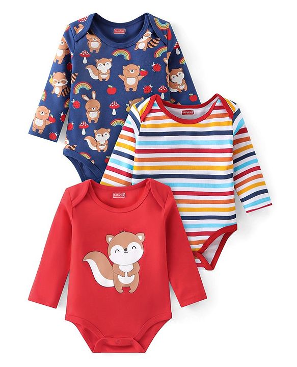 Babyhug 100% Cotton Full Sleeves Onesies With Squirrel Print - Red & Navy Blue