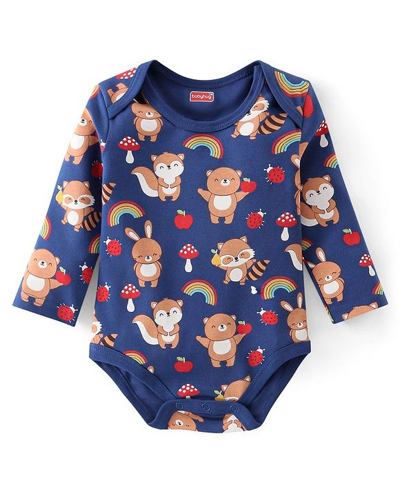 Babyhug 100% Cotton Full Sleeves Onesies With Squirrel Print - Red & Navy Blue
