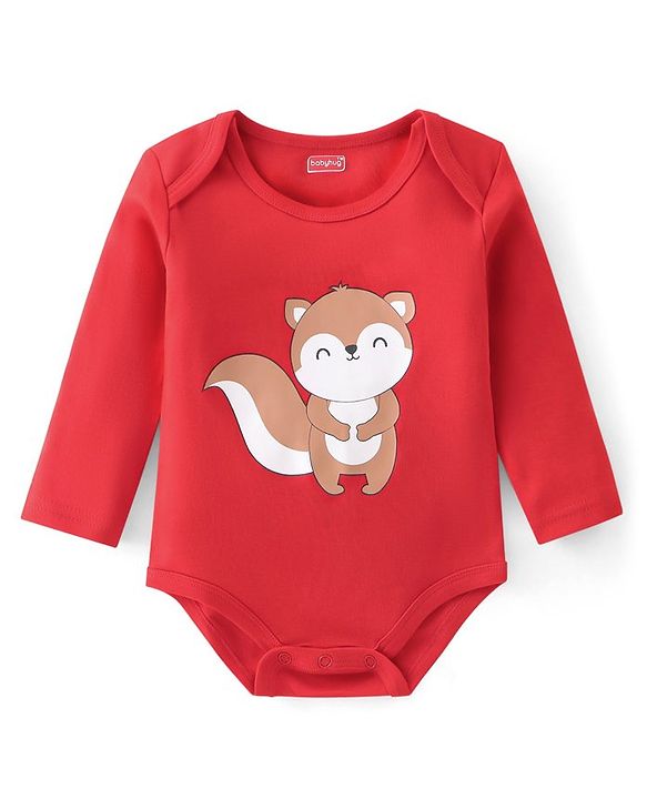 Babyhug 100% Cotton Full Sleeves Onesies With Squirrel Print - Red & Navy Blue