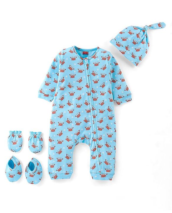 Babyhug 100% Cotton Full Sleeves Romper with Cap Mittens & Booties Crab Printed - Blue