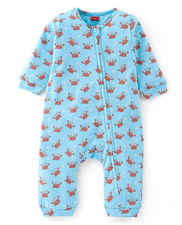 Babyhug 100% Cotton Full Sleeves Romper with Cap Mittens & Booties Crab Printed - Blue