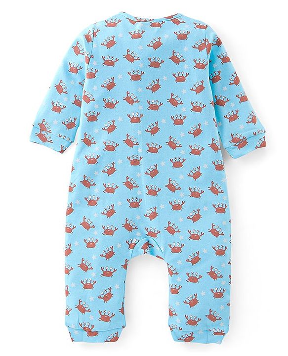 Babyhug 100% Cotton Full Sleeves Romper with Cap Mittens & Booties Crab Printed - Blue