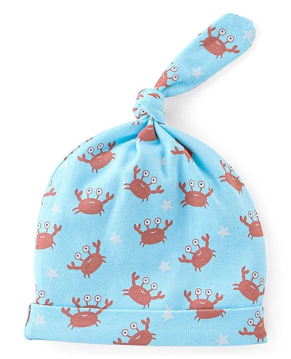 Babyhug 100% Cotton Full Sleeves Romper with Cap Mittens & Booties Crab Printed - Blue