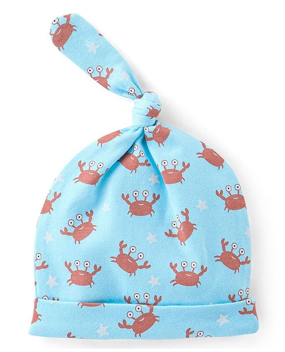 Babyhug 100% Cotton Full Sleeves Romper with Cap Mittens & Booties Crab Printed - Blue
