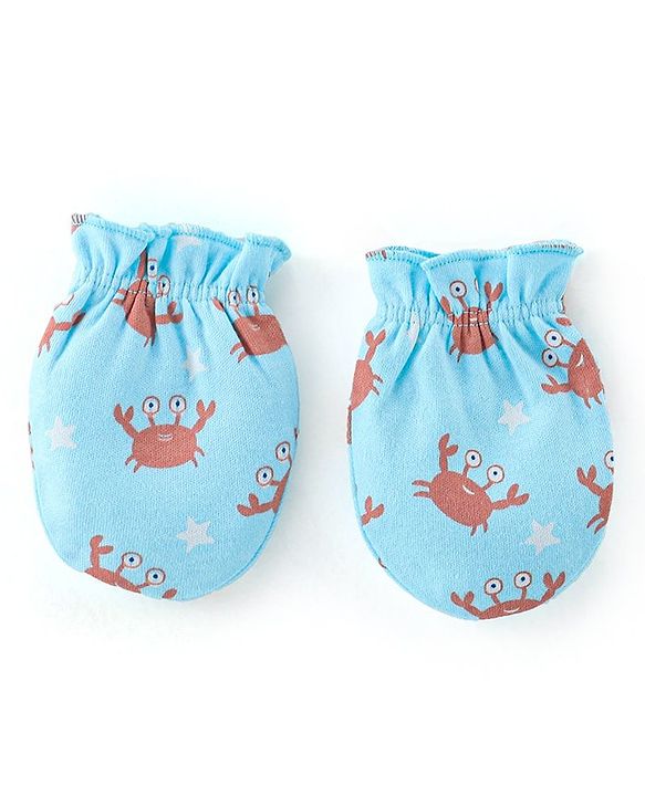 Babyhug 100% Cotton Full Sleeves Romper with Cap Mittens & Booties Crab Printed - Blue