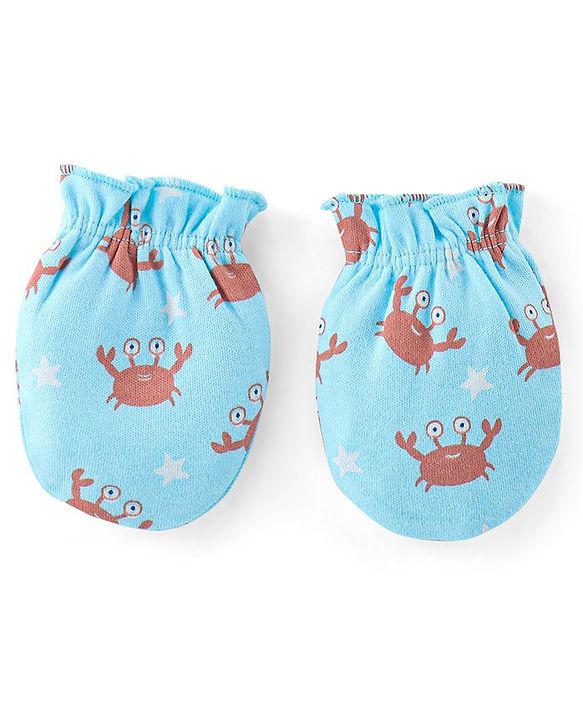 Babyhug 100% Cotton Full Sleeves Romper with Cap Mittens & Booties Crab Printed - Blue