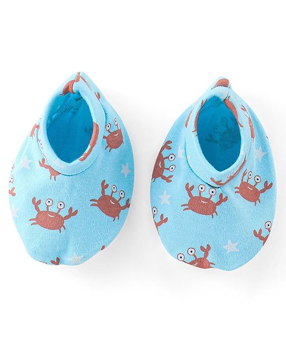 Babyhug 100% Cotton Full Sleeves Romper with Cap Mittens & Booties Crab Printed - Blue