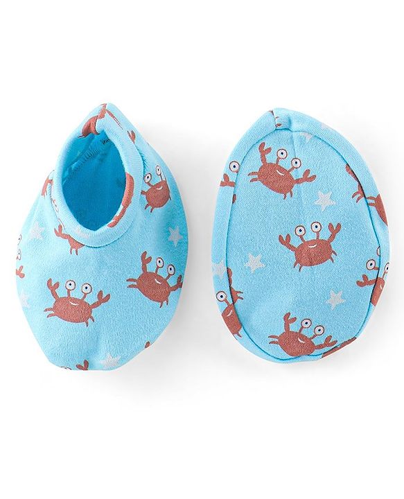 Babyhug 100% Cotton Full Sleeves Romper with Cap Mittens & Booties Crab Printed - Blue