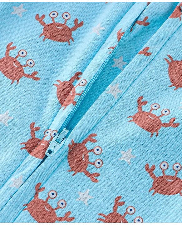 Babyhug 100% Cotton Full Sleeves Romper with Cap Mittens & Booties Crab Printed - Blue