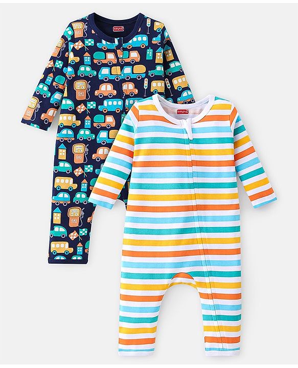 Babyhug 100% Cotton Romper With Striped & Car Print Pack Of 2 - Navy Blue & White