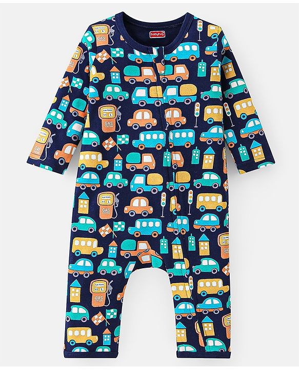 Babyhug 100% Cotton Romper With Striped & Car Print Pack Of 2 - Navy Blue & White