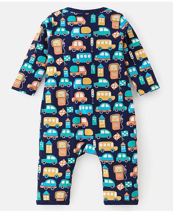 Babyhug 100% Cotton Romper With Striped & Car Print Pack Of 2 - Navy Blue & White