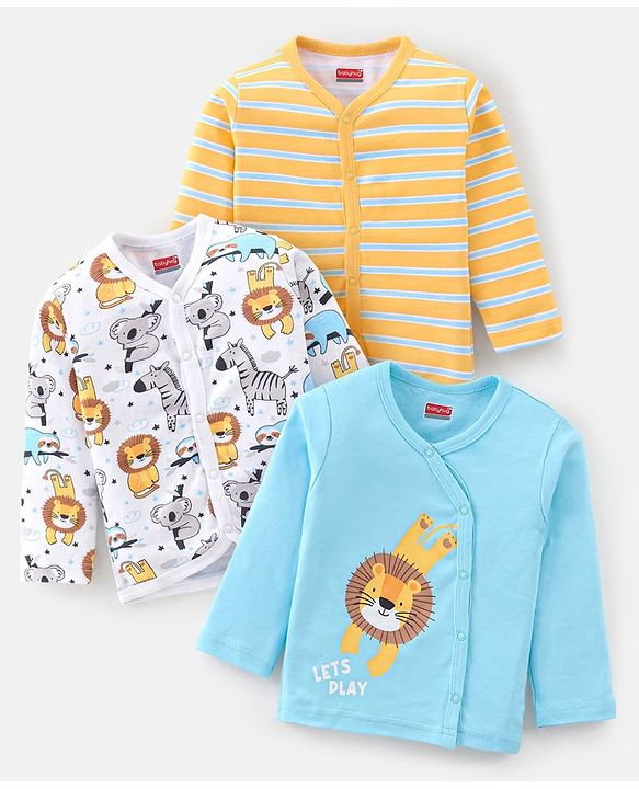 Babyhug 100% Cotton Full Sleeves Vest With Animals Print Pack of 3 - White Blue & Yellow