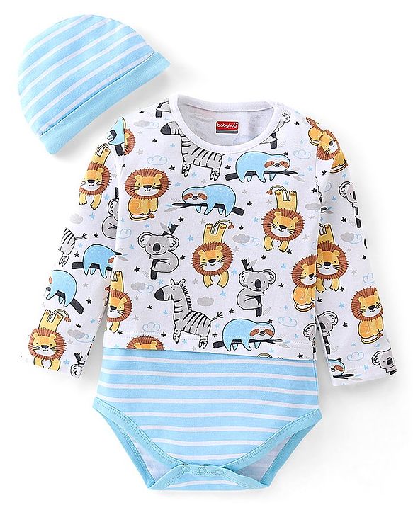 Babyhug 100% Cotton Knit Full Sleeves Onesie with Cap Lion Print - White