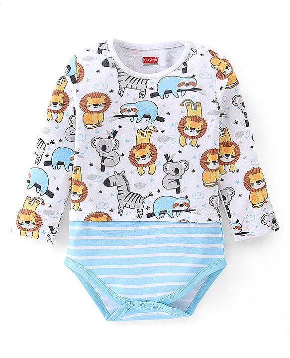 Babyhug 100% Cotton Knit Full Sleeves Onesie with Cap Lion Print - White