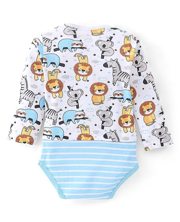 Babyhug 100% Cotton Knit Full Sleeves Onesie with Cap Lion Print - White
