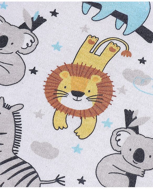 Babyhug 100% Cotton Knit Full Sleeves Onesie with Cap Lion Print - White