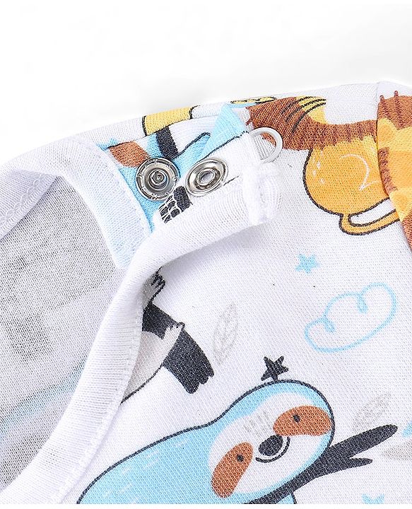 Babyhug 100% Cotton Knit Full Sleeves Onesie with Cap Lion Print - White