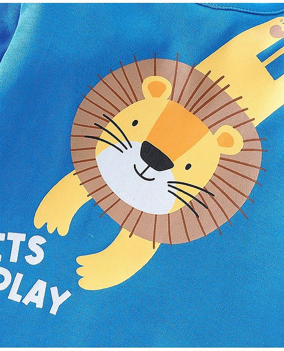 Babyhug 100% Cotton Knit Full Sleeves Onesie Lion Print - Blue