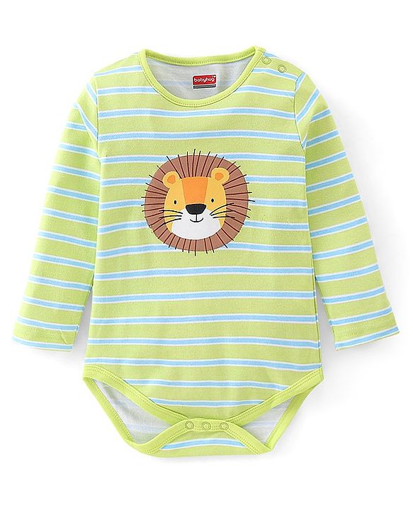 Babyhug 100% Cotton Knit Full Sleeves Striped Onesie Lion Print - Green