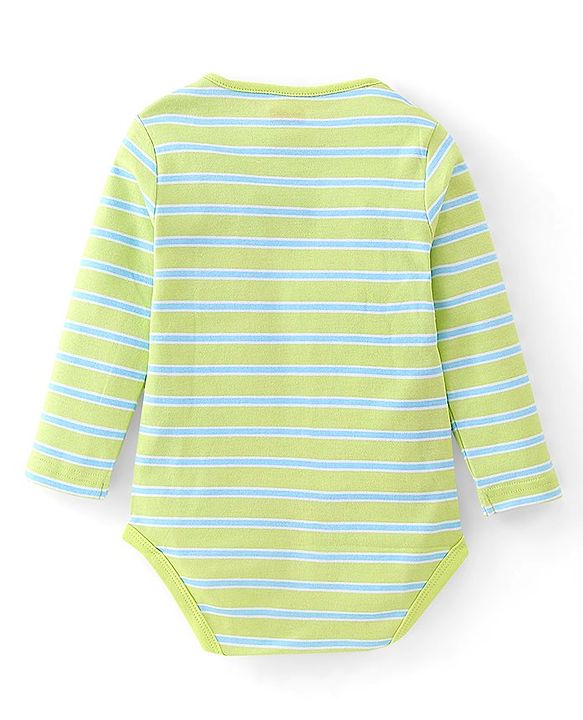 Babyhug 100% Cotton Knit Full Sleeves Striped Onesie Lion Print - Green
