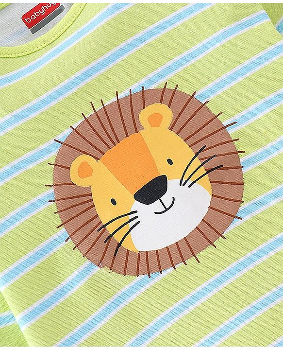 Babyhug 100% Cotton Knit Full Sleeves Striped Onesie Lion Print - Green