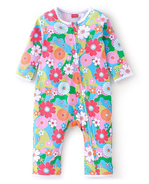 Babyhug 100% Cotton Full Sleeves Romper With Floral Print - Pink & Green