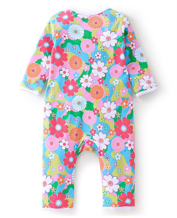 Babyhug 100% Cotton Full Sleeves Romper With Floral Print - Pink & Green