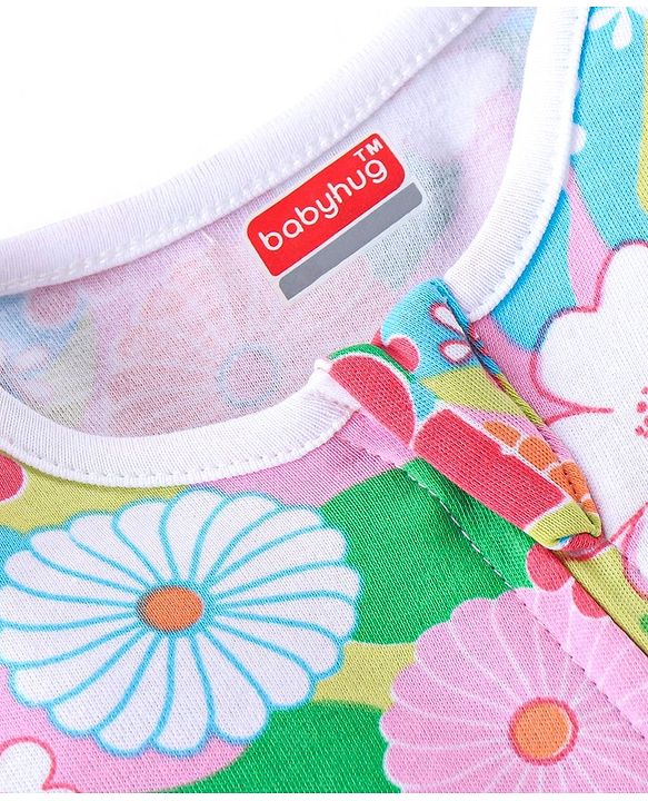 Babyhug 100% Cotton Full Sleeves Romper With Floral Print - Pink & Green
