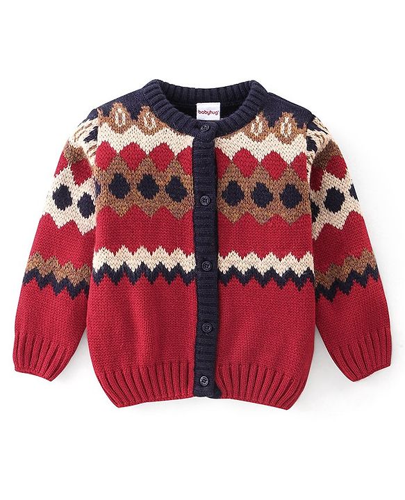 Babyhug Knitted Full Sleeves Sweater Set With Intarsia Design - Navy Blue & Red