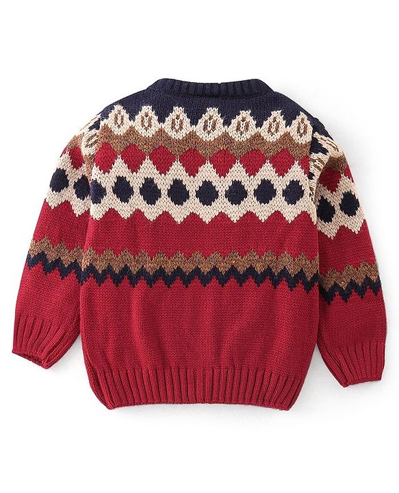 Babyhug Knitted Full Sleeves Sweater Set With Intarsia Design - Navy Blue & Red