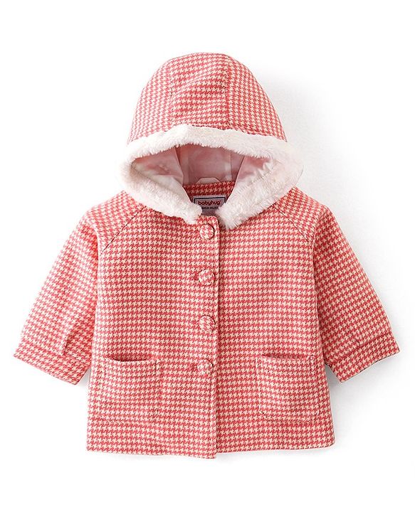 Babyhug Woven Full Sleeves Hooded Jacket Checkered - Red & White