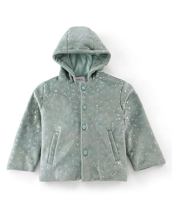 Babyhug Woven Full Sleeves Hooded  Jacket Heart Design  - Aqua