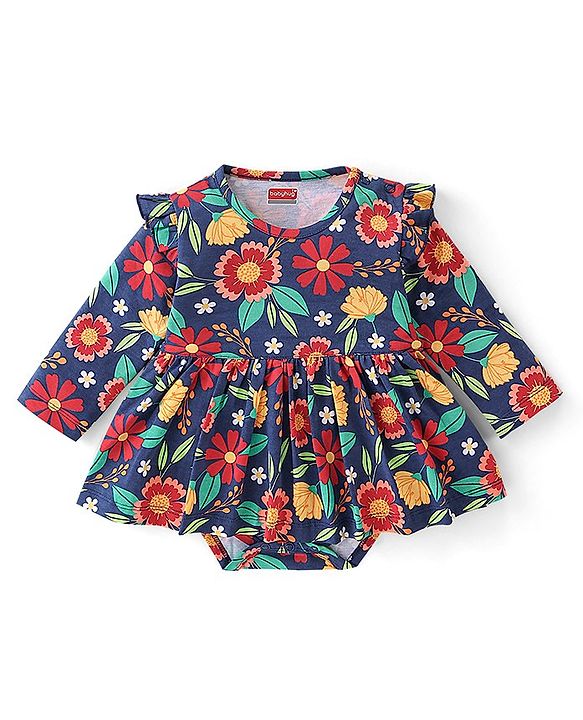 Babyhug 100% Cotton Knit Full Sleeves Floral Printed Frock Style Onesie  - Multicolour