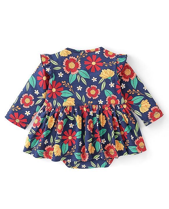 Babyhug 100% Cotton Knit Full Sleeves Floral Printed Frock Style Onesie  - Multicolour