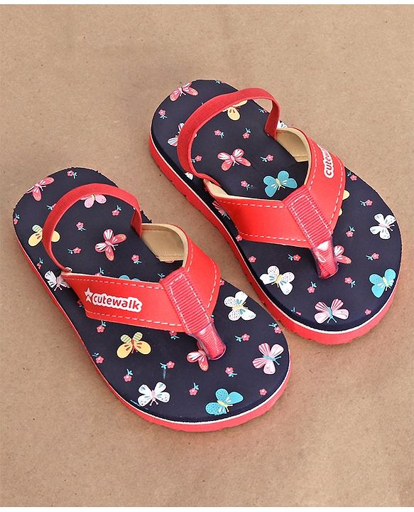 Cute Walk by Babyhug Butterfly Printed Flip Flops with Back Strap - Pink & Navy Blue