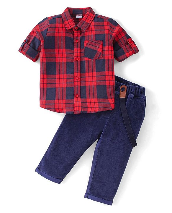 Babyhug Cotton Knit Half Sleeves Checkered Shirt & Trouser with Suspender - Red & Navy