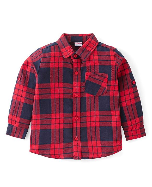 Babyhug Cotton Knit Half Sleeves Checkered Shirt & Trouser with Suspender - Red & Navy