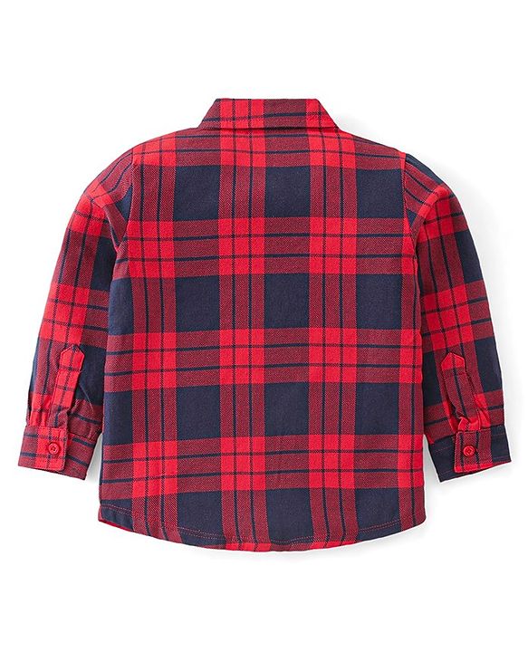 Babyhug Cotton Knit Half Sleeves Checkered Shirt & Trouser with Suspender - Red & Navy
