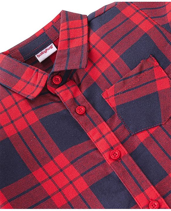 Babyhug Cotton Knit Half Sleeves Checkered Shirt & Trouser with Suspender - Red & Navy