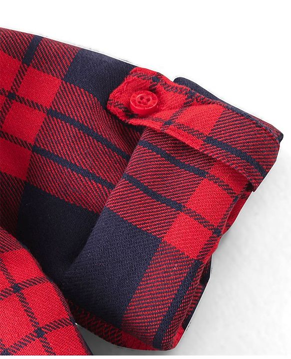 Babyhug Cotton Knit Half Sleeves Checkered Shirt & Trouser with Suspender - Red & Navy