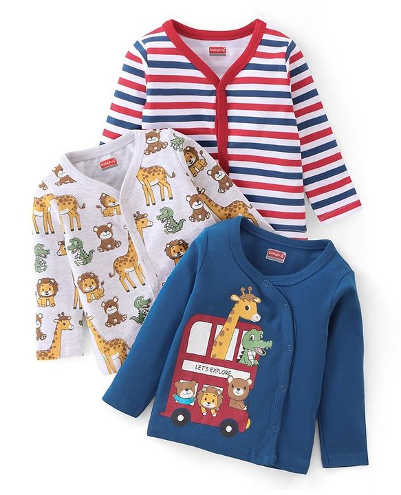 Babyhug 100% Cotton Knit Full Sleeves Front Open Vests Stripes & Animal Print Pack of 3 - Multicolour