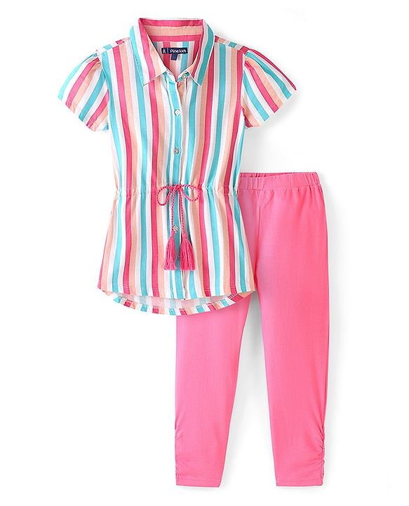 Pine Kids Woven Half Sleeves Shirt & Leggings Striped - Pink