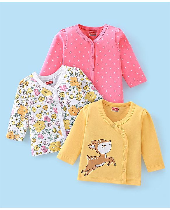 Babyhug 100% Cotton Knit Full Sleeves Front Open Floral & Deer Printed Vests Pack of 3 - Multicolour