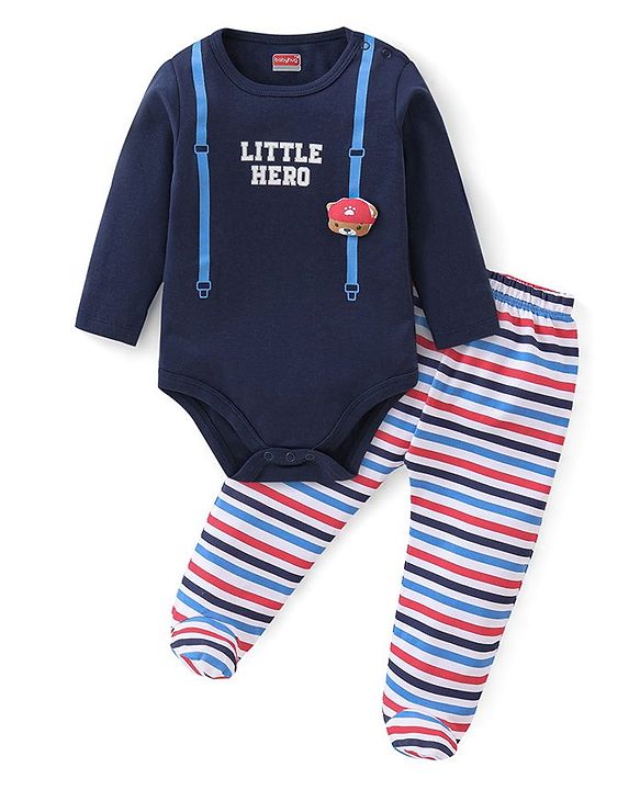 Babyhug 100% Cotton Interlock Knit Full Sleeves Onesies with Legging Stripes & Text Print - Multicolor